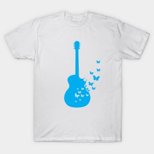 Acoustic Guitar Silhouette Turning Into Butterflies Blue T-Shirt